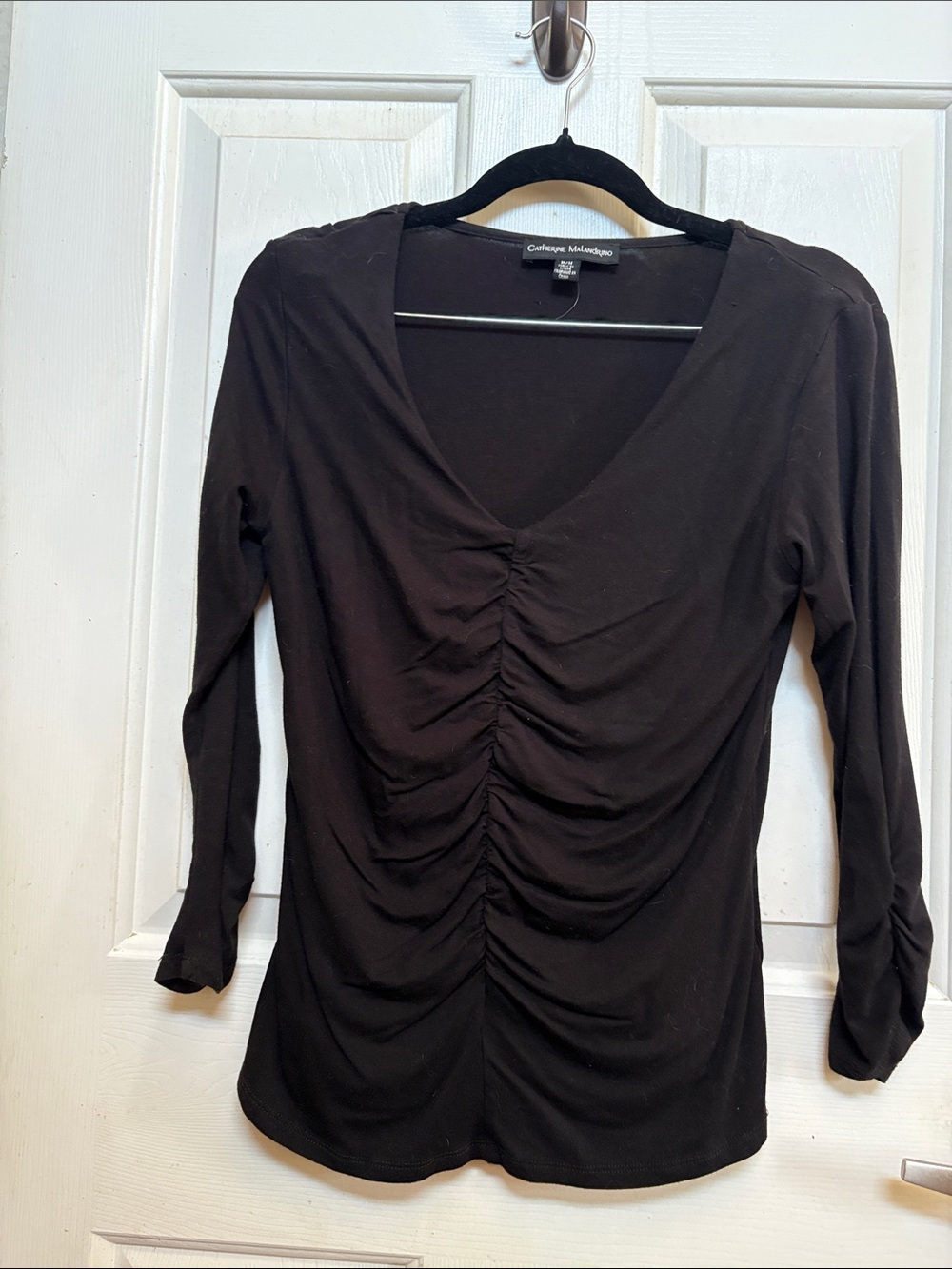 Catherine Malandrino Black Ruched V-Neck Long Sleeve Tee